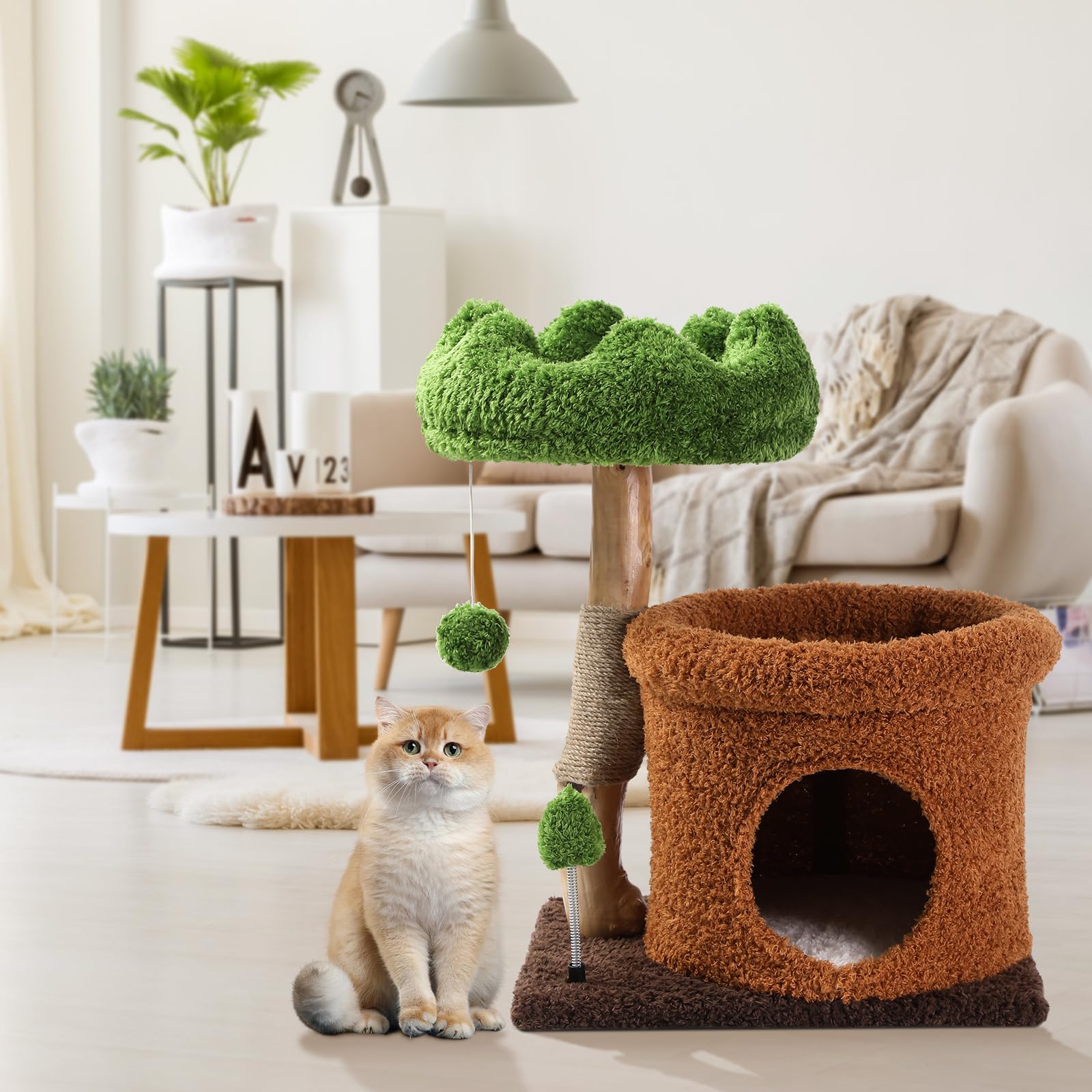 Photo 1 of Small Cat Tree for Indoor Cats Large Adult, Cats Climbing Tower with Scratching Post, Cat Condo, Green Wood Cats Tree, Flower Cat Trees, Modern Cute Cat Tree with Dangling Ball (Mnit Green)