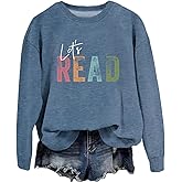 MUYLANTEZ Let's Read Sweatshirt for Women Crewneck Graphic Reading Book Lover Shirt Teacher Librarian Bookish Pullover Tops
