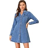Allegra K Women's Denim Dress Button Down Collar V Neck Long Sleeve A-line Cotton Jean Dress
