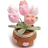 caiyjhao Crocheted Tulip Bouquets, Artificial Tulip Hand-Woven Flowers Suitable for Home, Office Decorations and Birthday Gifts for Family and Friends Anniversary (6 Flowers-Pink)