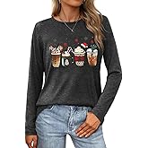 Vlinphin Long Sleeve Christmas Shirts for Women: Merry Christmas Tshirts Women Xmas Tree Snowman Coffee Graphic Tee Tops