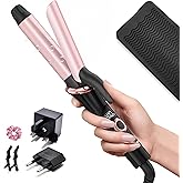Travel Curling Iron 1 Inch, Dual Voltage Curling Iron 110-240V with European Plug,Small Curling Wand for Women & Short Hair, 5 Temp Digital Settings, Auto-Off, Anti-Scald Cover,Heat-Resistant pad