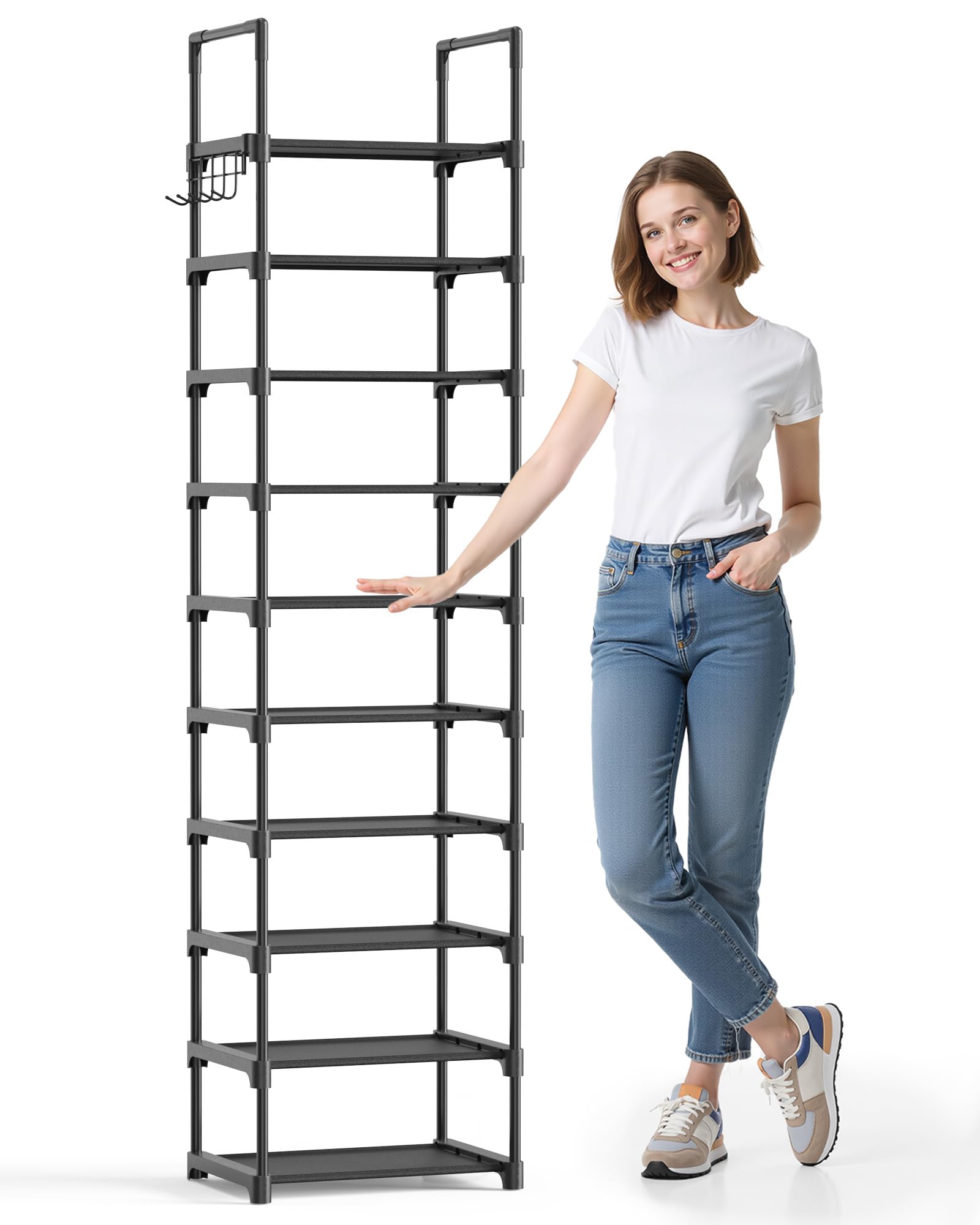Photo 1 of Kitsure Shoe Rack - 10-Tier Shoe Organizer with Detachable Fabric Shelves & Metal Frame, Tall Shoe Rack for Closet, Entrance, Living Room, 16.9" x 11.8" x 68.5", Black