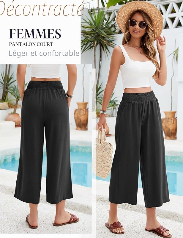 Pantalon Lin Femme Été Coton Chanvre 3/4 Large Pantalons Fluide Elegant Chic Taille Haute Élastique Pantacourt Léger Respirant Jogging Pants de Plage avec Poches (Noir, S)