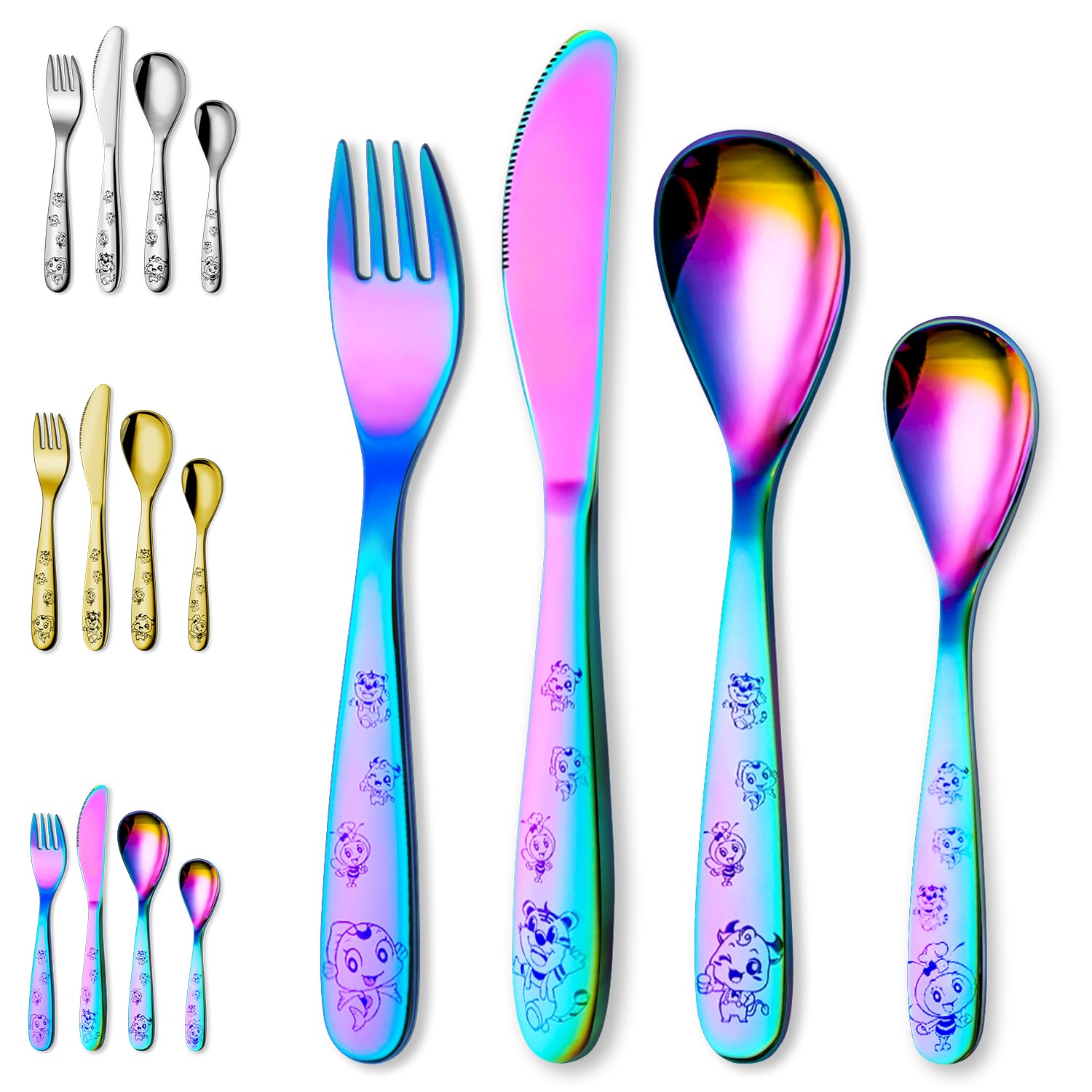 Evanda 4 Pieces Utensils Coloured Titanium Coated, Stainless Steel Utensils Forks and Spoons, Mirror Polished Smooth Round Tableware, Dishwasher Safe