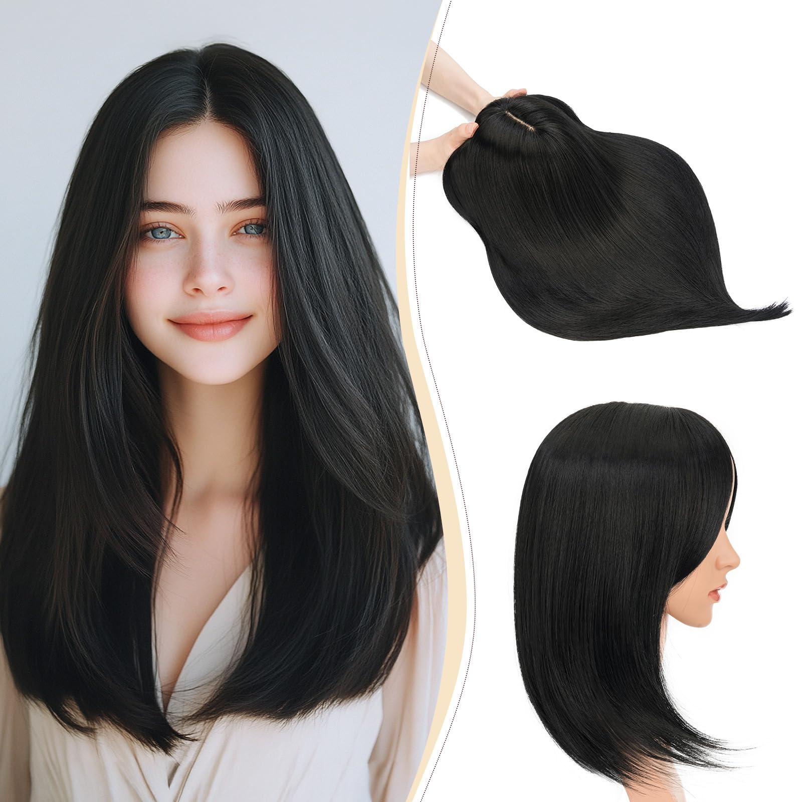 Benehair Hair Toppers for Women 14 Inch Hair Topper for Thinning Hair Clip in Fringe Hair Extensions with 4 Clips Jet Black Hair Pieces for Women with Grey Hair Hair Loss(Jet Black, 120g)