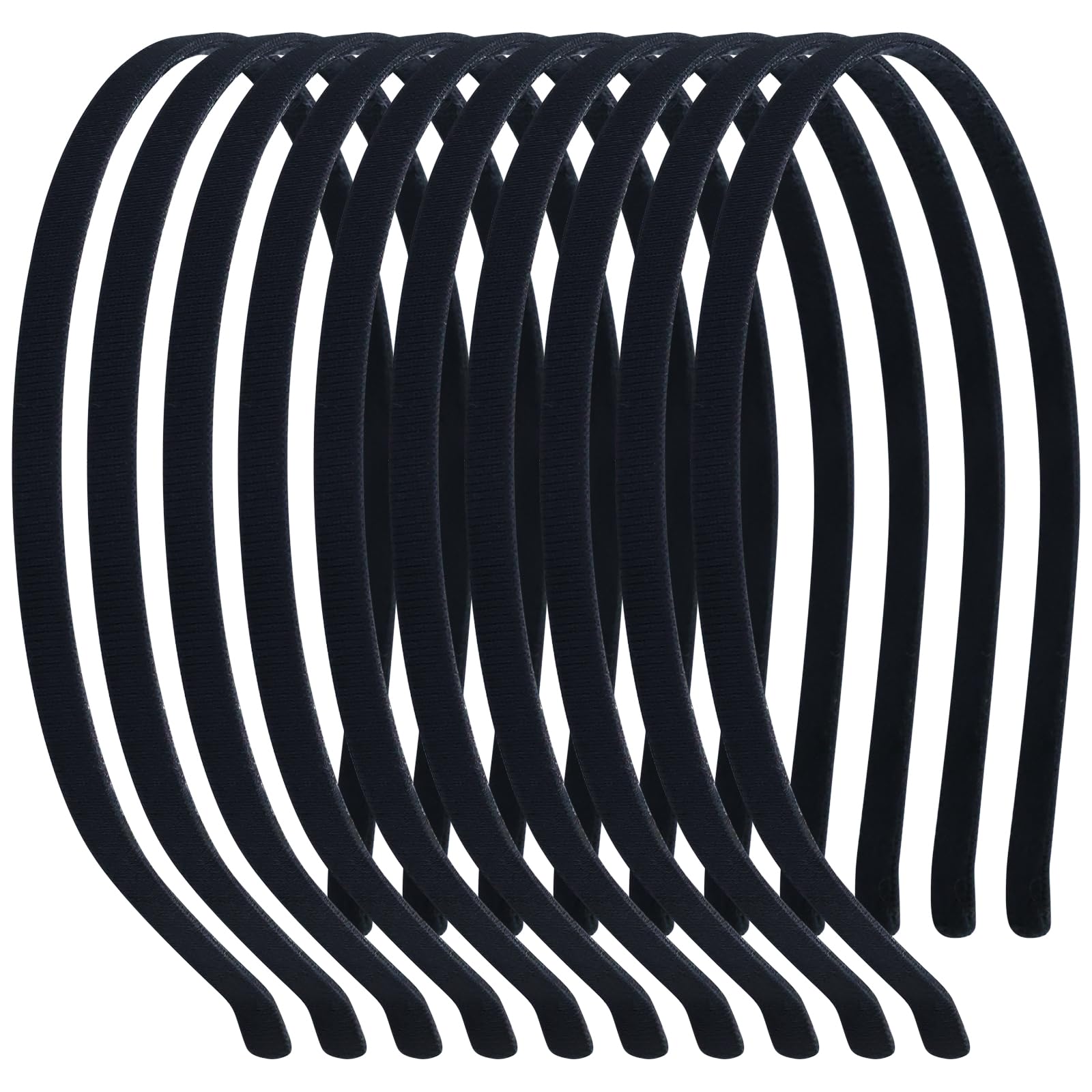 10 Pack 7MM Plain Black Satin Cloth Fabric Covered Thin Slim Metal Headband Wire Hairband Elastic Skinny Velvet Hair Hoop Holder Clasp Tiara Crown Base for Women Men Headpiece Crafting DIY Accessories