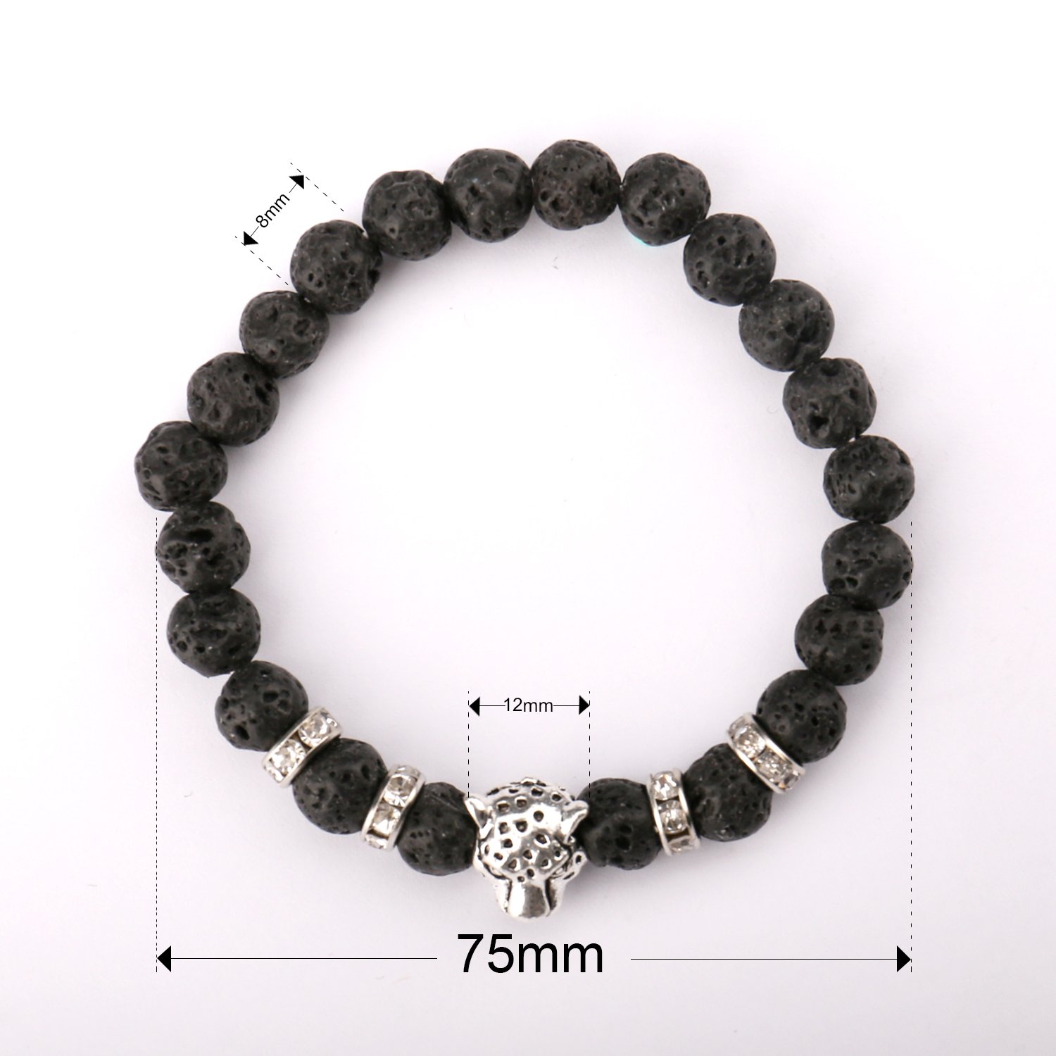 UHIBROS Natural Energy Stone Beads Bangle Lava Stone Gemstone Mens Womens Bracelet, Leopard Head, Gold Silver