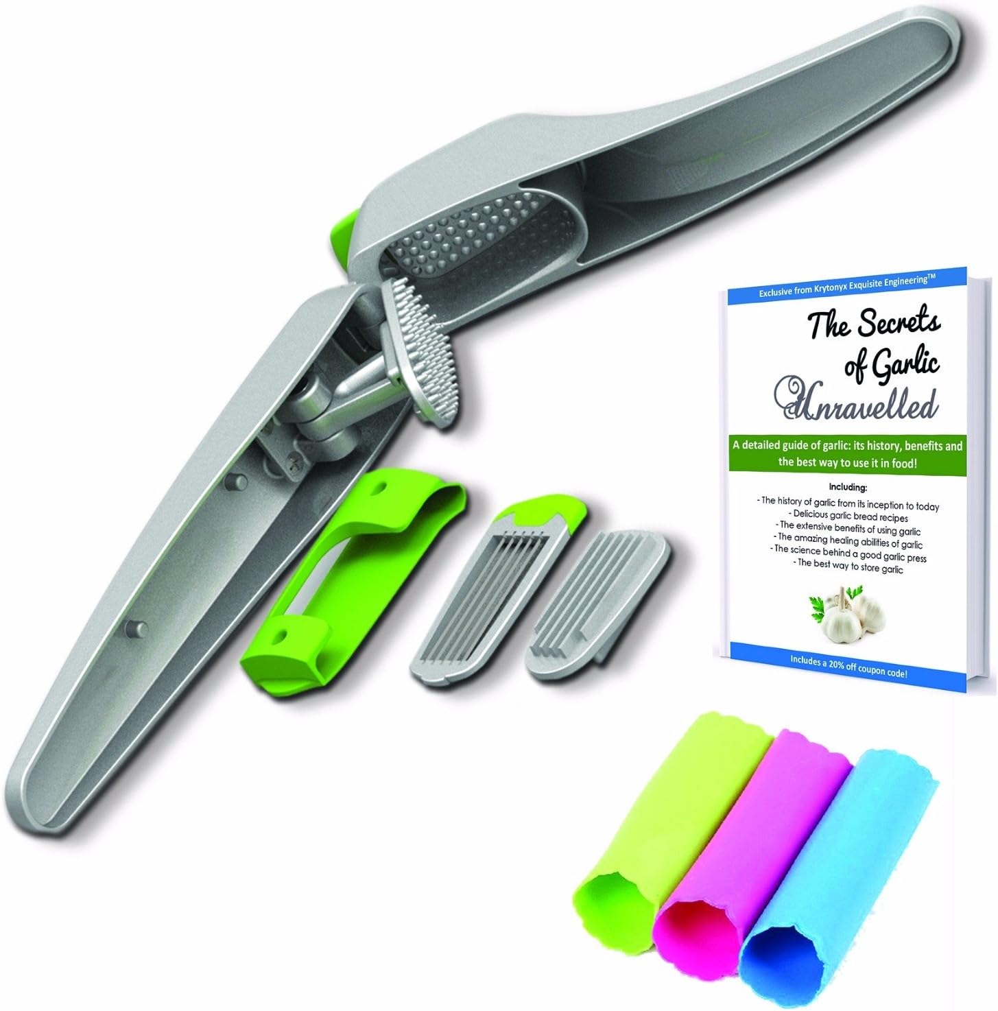 Krytonyx Garlic Press, UNIQUE 2 in 1 Design with Swap Slicer and FREE Garlic Peeler to Mince Cloves as a Garlic Chopper, Crusher, Slicer, Best Professional Stainless Aluminum Silver, Let the Juice Out