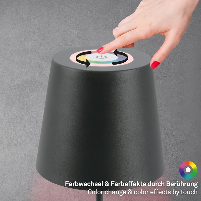 - Lampe de table LED sans fil avec touche, lumière colorée RGB+W, hauteur réglable, lampe LED, lampe de camping, lampe de table, lampe à accu, Outdoor, 36x10,5 cm, anthracite