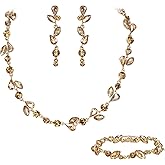 EVER FAITH Crystal Bridal Bridesmaid Jewelry Sets, Elegant Marquise Round-Shaped Rhinestone Leaf Necklace Dangle Earrings Tennis Bracelet Set for Women