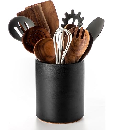 Ceramic Utensil Holder For Kitchen – Matte Black & White Countertop Organizer – 6.3” Tall, 4.7” Wide - View #5