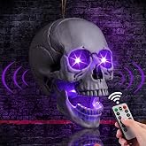 Halloween Spooky Skull Decor with Sound Box & Light up Eyes, Purple | Sound Activated Skeleton Heads with Glowing Eyes, Scary Skull Props for Halloween Indoor Outdoor Decorations