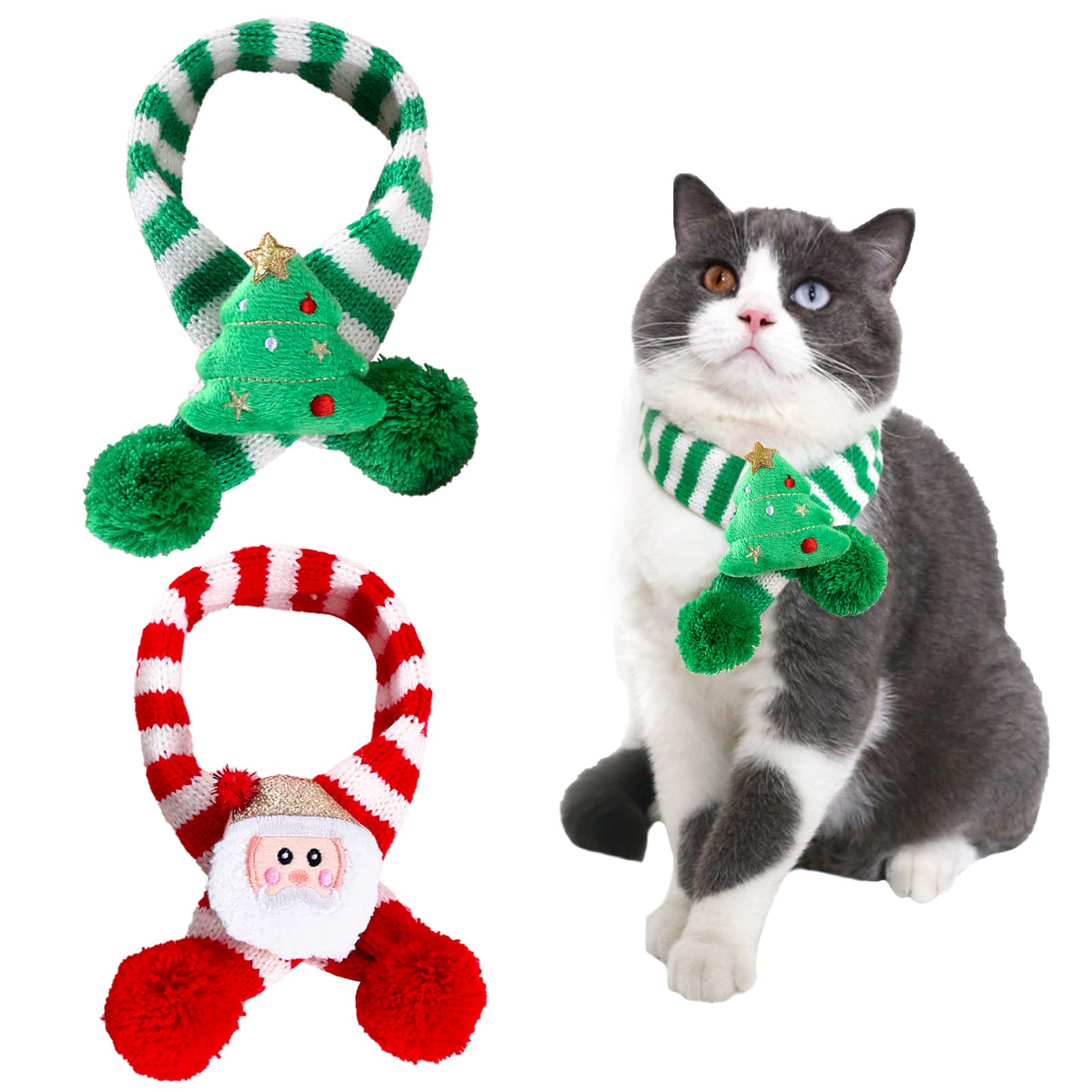 2 Pieces Christmas Pet Scarf Striped Knitted Pet Collar with Pom-pom Winter Dog Neck Warmer Puppy Cat Costume Accessories Mini Knitted Scarf for Small to Medium Pets (Medium, Plush)