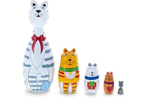 BestPysanky Tabby, Siamese, Maine Coon & Mouse Cats Wooden Nesting Dolls 7 Inches