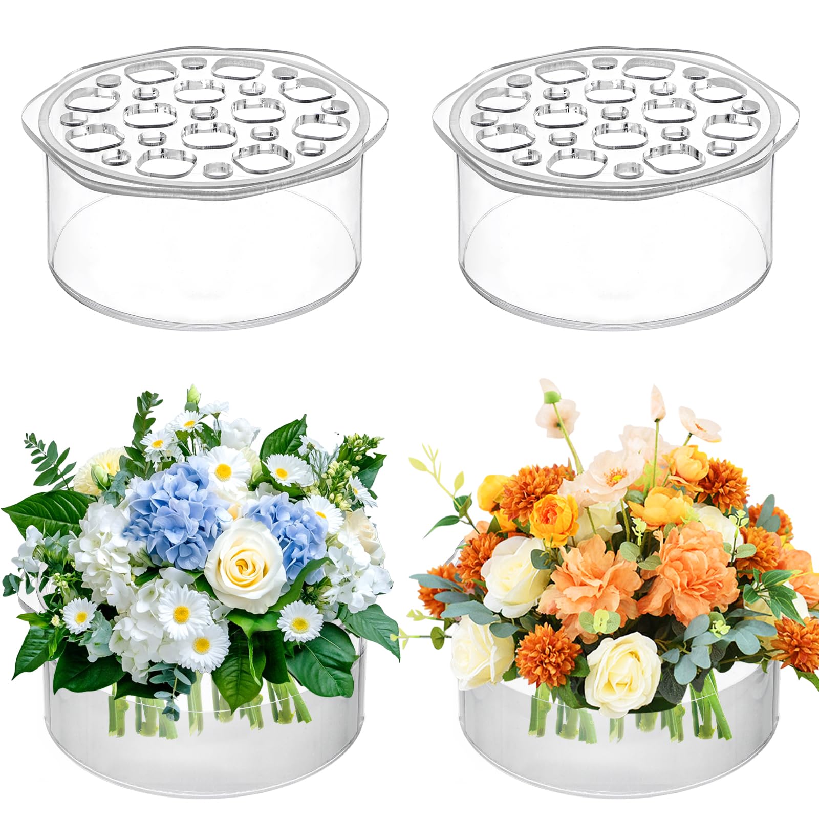 Photo 1 of **missing a top** Jucoan 4 Pack Round Acrylic Flower Vase, 6 x 2.5 Inch Cylinder Low Acrylic Vase with Holes for Floral Arrangement, Home Wedding Thanksgiving Christmas Party Table Centerpieces Decor