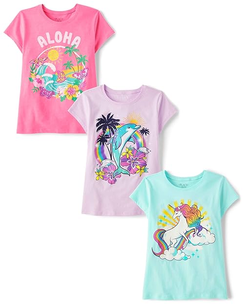 The Children's Place,Girls,Animals Short Sleeve Graphic T-Shirts,Multipacks,Unicorn/Aloha/Dolphin 3-Pack,X-Large