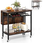 GIANTEX Folding Dining Table on 5 Wheels with Wine Rack, Storage Shelf | Extendable Kitchen Table with Sturdy Metal Frame, Space-Saving Dinner Table for Small Space, Living Room, Apartment, Office