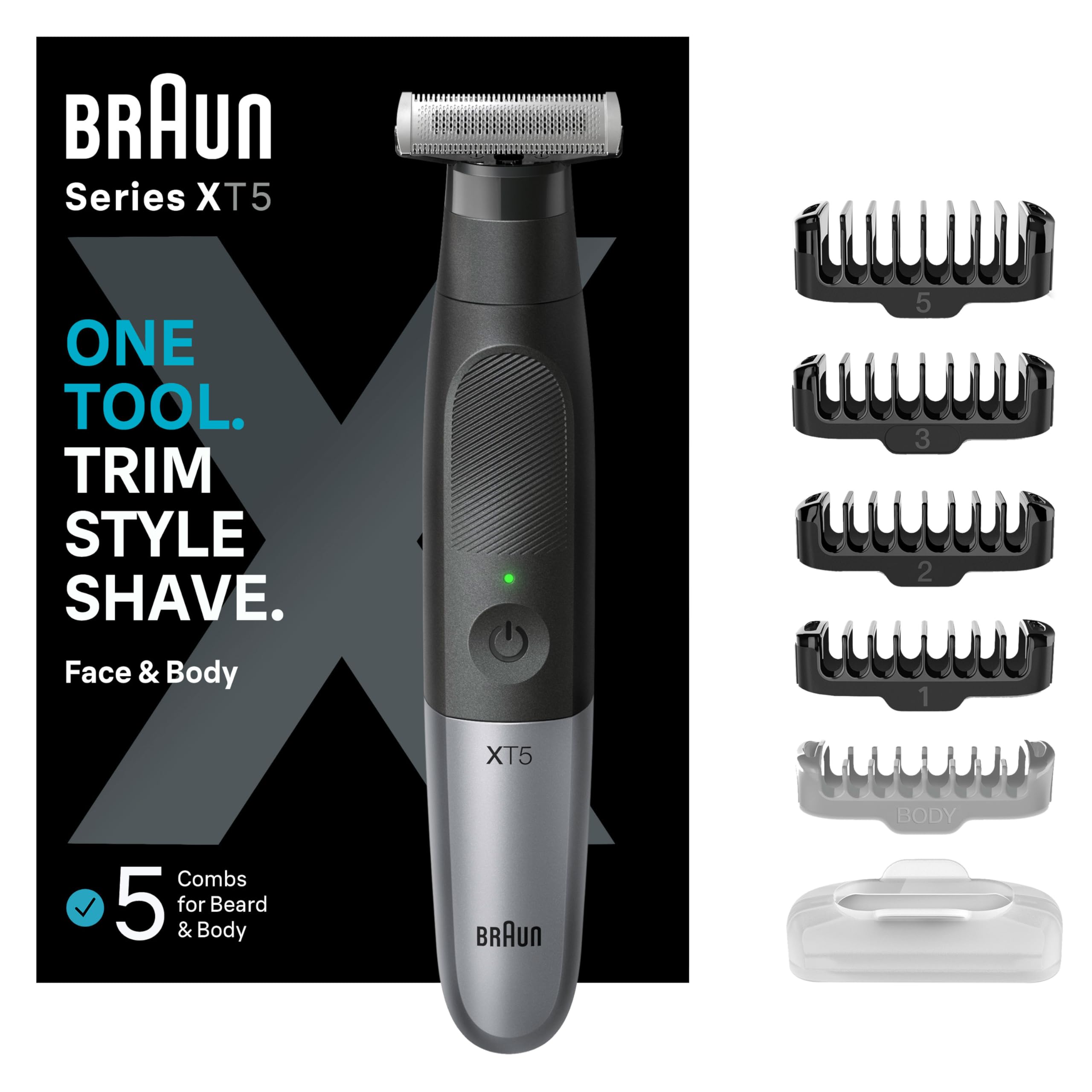 Braun Series X, Hybrid Electric Mens Trimmer for Face & Body with Innovative 4D-Blade, Beard Trimmer & Body Shaver Waterproof, Cordless 45-Minute Battery Run-Time, XT5100