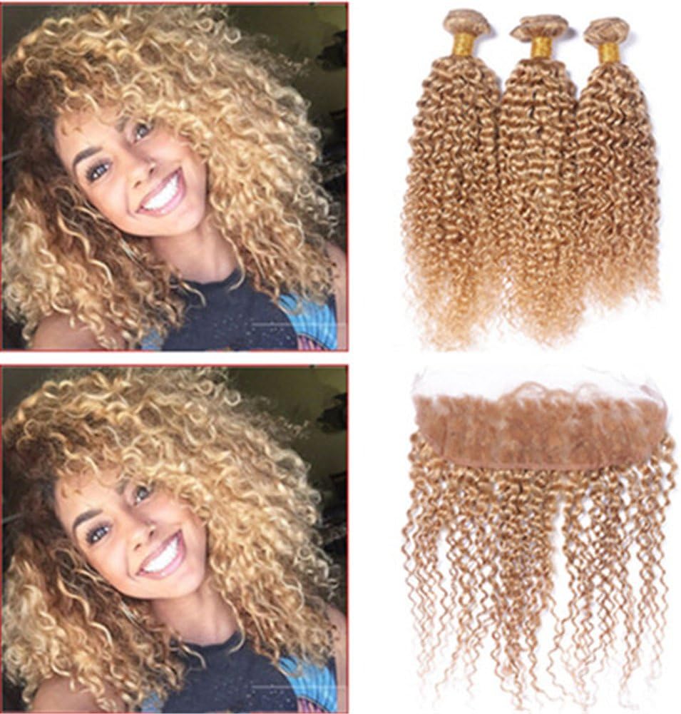 Kinky Curly Brazilian Honey Blonde Virgin Human Hair 3 Bundles Deals with Frontals 4Pcs Lot #27 Strawberry Blonde 13x4 Full Lace Frontal Closure with Weaves (12 with 12 14 16)