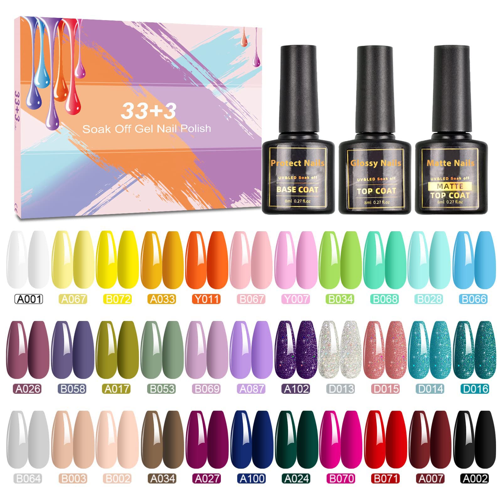 Gel Nail Polish- SHOWNAIL 36Pcs Gel Polish Soak Off Gel Nail Polish Set with Base Glossy Matte Top Coat, Popular Pastel Black White Nude Neon Glitter Gel Nail Polish Colour DIY Nail Collection