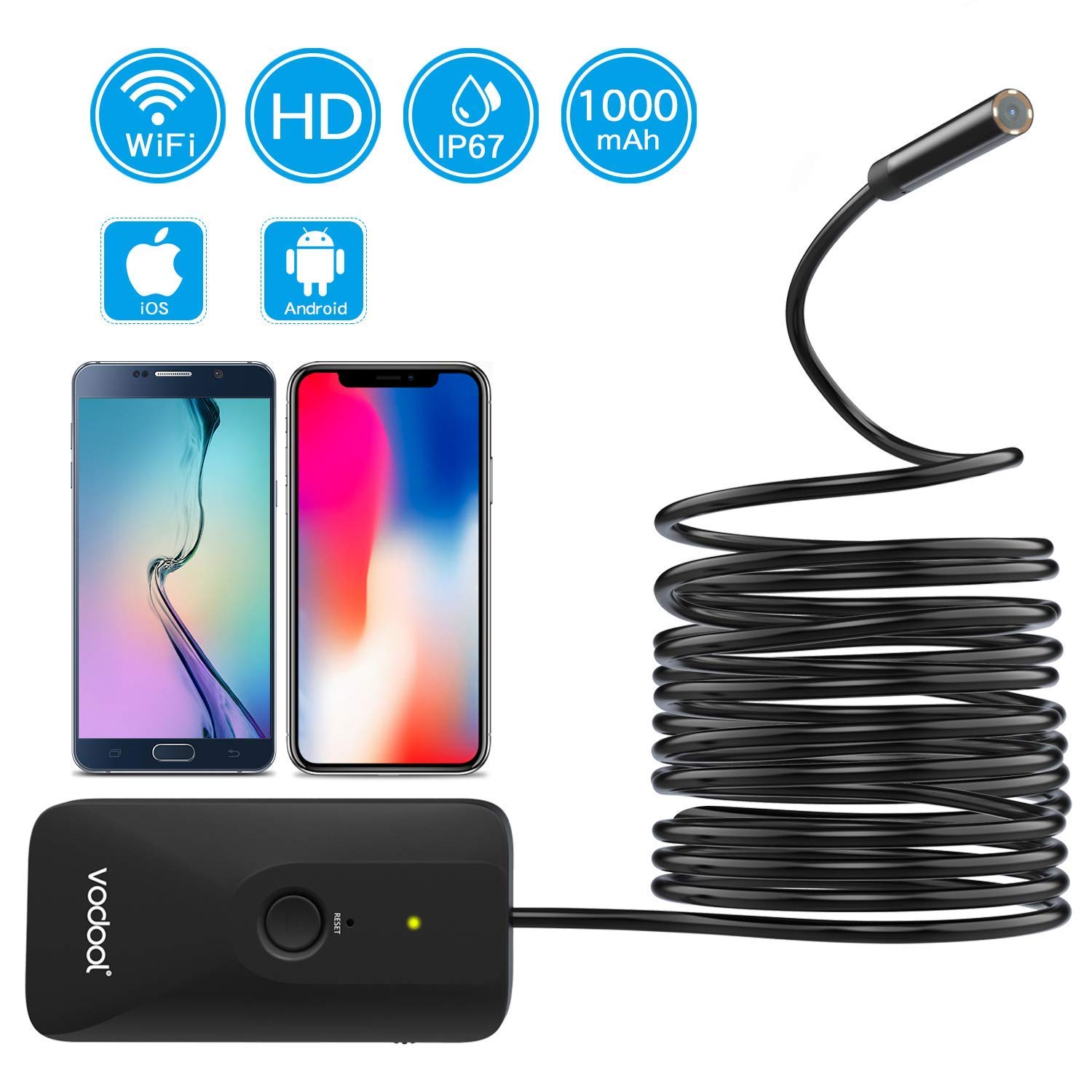 Inspection Camera, Vodool Wireless Endoscope Camera Wi-fi 2.0 MP HD, Semi-rigid Borescope with LED Blue Light Reduce Exposure, IP67 Waterproof Snake Camera for Android & iOS Smartphone Tablet, 1000mAh Rechargeable Battery - Black (11.8FT)