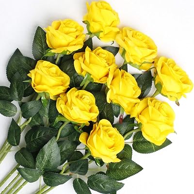 Veryhome 10 Pcs Artificial Roses Yellow Silk Single Stem Wedding Bouquets