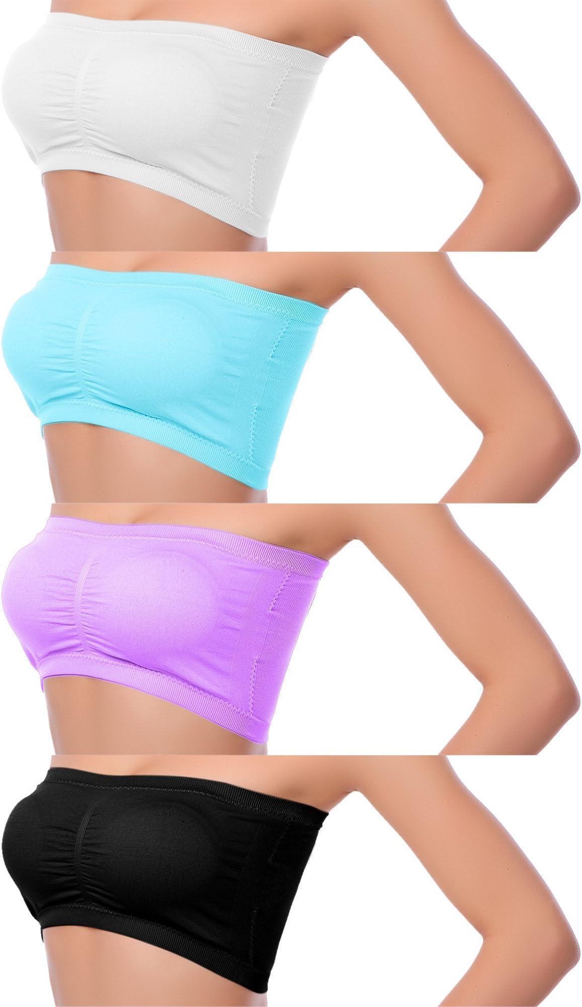 Coobey 4 Pack Women's Seamless Bandeau Crop Tube Bra Strapless Top Bra Removable Pad, 4 Colors
