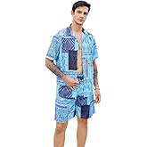 CAALEIS Men’s Summer 2 Piece Set – Short Sleeve Button Shirt & Drawstring Shorts Paisley Print Beachwear