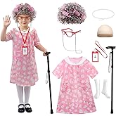 JASQQB Old Lady Costume for Kids with Wig and Accessories Grandma Outfit 100 Days of School Costume for Girls