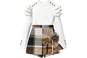 Tainmully Girls Clothes Ruffle Long Sleeve shirt Top and Bowtie Plaid Skort Set 2PCS Girls Fall Outfits 6-16 Years