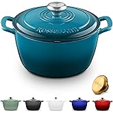 Rossallini Enameled Cast Iron Round Dutch Oven with Lid, 5.5 Qt, Ocean Blue | Round pot with lid, For roasting and baking, Stovetop cooking, Moisture-retaining domed lid, Glazed enamel needs no seasoning
