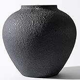 Black Large Round Vase Pottery Look for Home Decor, Arina Black Rustic Vase Modern Farmhouse, Console Table Decor, Earthy Textured Big Black Round Vases for Centerpieces, Jarrones Grandes