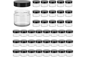 11 HOA KINH 2oz Jars with Lids, HOA Kinh 40 Pack Clear Glass Jars with Lids Empty Cosmetic Containers Round Airtight Glass Jar with Black Lid for Storing Lotions Powders Ointments
