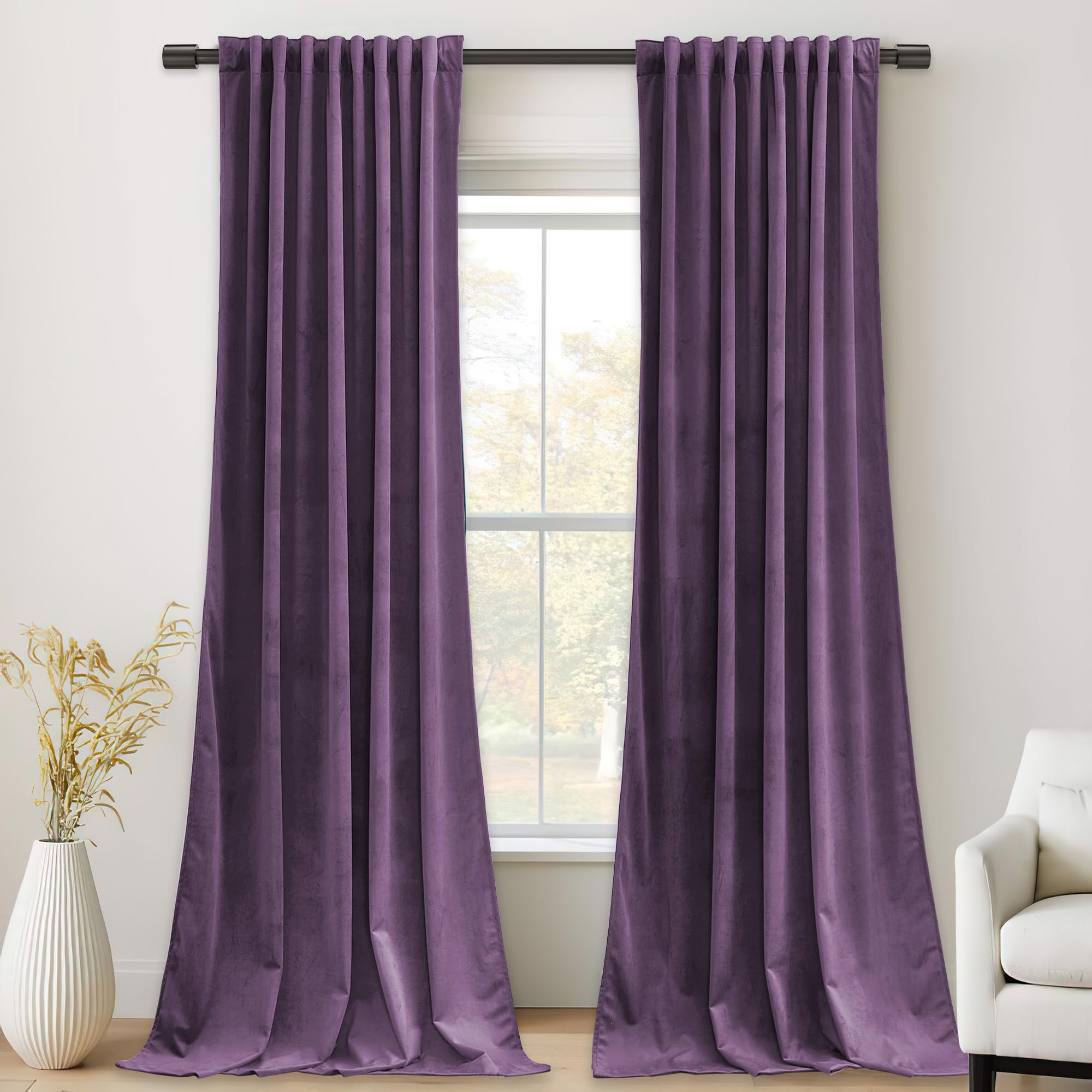 StangH Lavender Velvet Curtains 96 Inches Long, Room Darkening Soft Drapes for Bedroom, Thermal Insulated Window Treatment for Living Room, Rod Pocket Back Tab, W52xL96 inch, 2 Panels Image