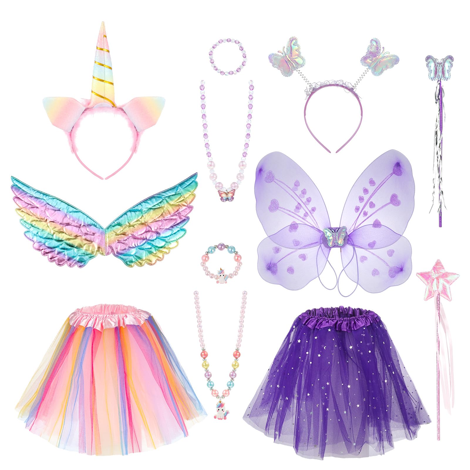 Heyu-Lotus Unicorn and Fairy Costume Set, Princess Dress with Butterfly & Angel Wings Tutu Skirt Wand Headband and Jewelry Kit, Fantasy Dress Up for 3-8 Years Girls Halloween Carnival Cosplay