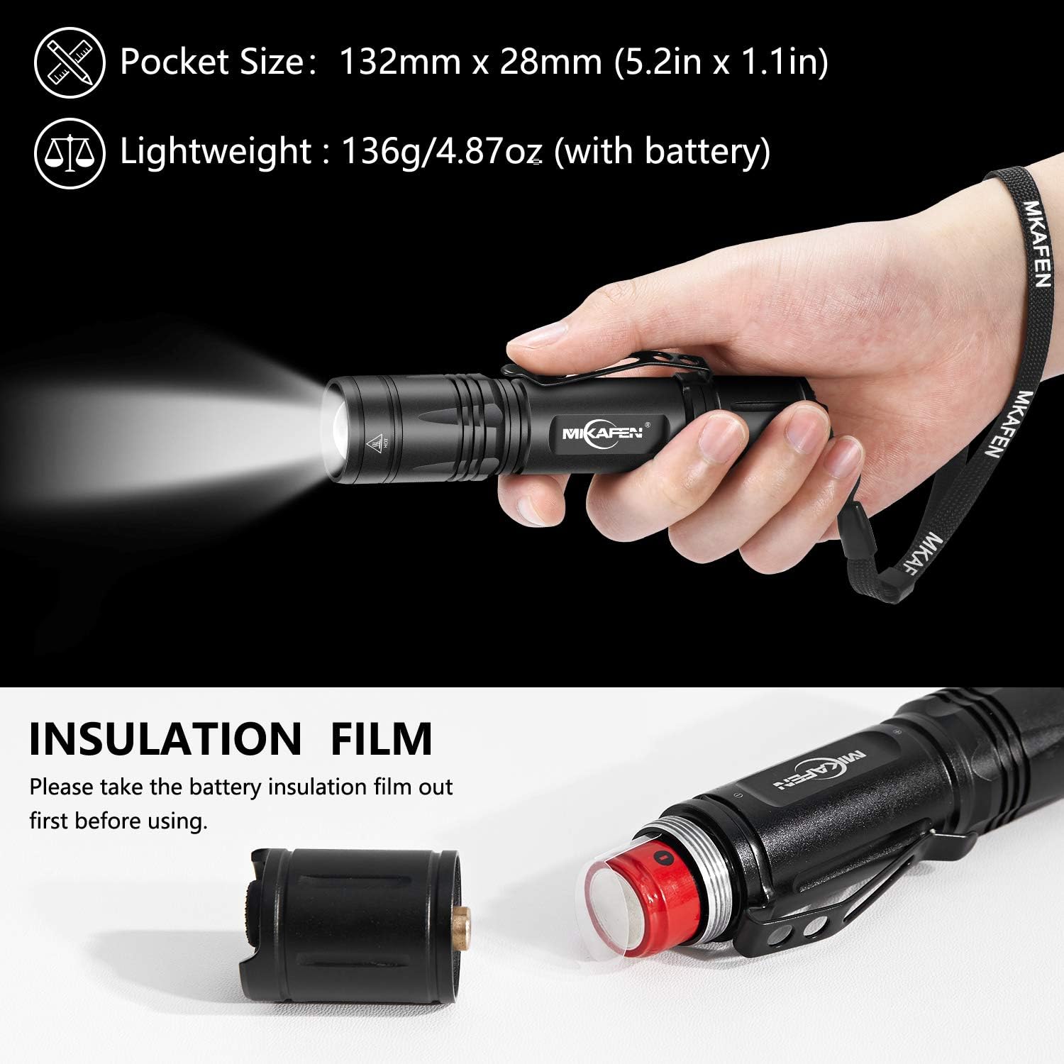 MIKAFEN Rechargeable LED Flashlight 1200 Lumens, IP7 Waterproof, 3 Modes, High Lumen Tactical Flashlight (18650 Battery Include) - - 
