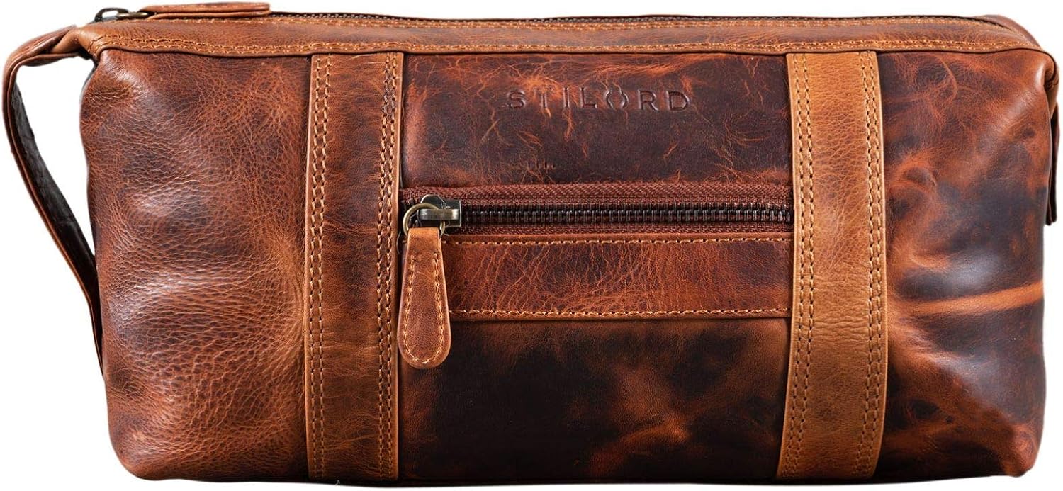 STILORD "Bruno" Men's Wash Bag Vintage Leather Travel Toilet Bag Toilet Kit with Wrist Strap 2 Compartments Overnight Wash Gym Bag Colour:Kara - Image 3