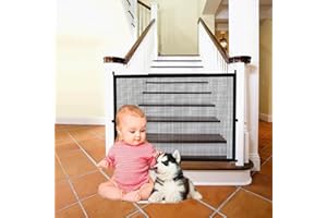 FLYEYE Baby Gate for Stairs No Drilling - [Must-Have Baby Safety Gate], 43.3" W x 28.3" H Retractable Mesh Baby Gate Dog Gate for The House No Drill Pet Gate for Stairs & Doorways (43.3" x 28.3")