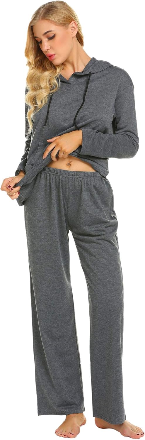 Ekouaer Sleepwear Women Long Sleeve Hooded Sweatshirt Casual Loungewear Wide Leg with Pocket Pajama Set Winter at  Women’s Clothing store