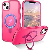 BENTOBEN for iPhone 15 Plus Case with Invisible Magnetic O-Ring Stand, [Compatible with Mag-Safe] Wavy Curly Magnetic Translucent Matte Shockproof Kickstand Cover for iPhone 15 Plus 6.7'' Hot Pink