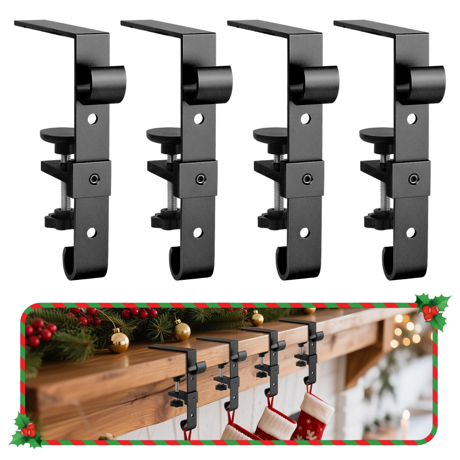 Photo 1 of Acrridi Stocking Hangers for Mantel,4 Pcs 2 in 1 Adjustable Fireplace Christmas Stocking Holder,No-Drill, Easy to Install Garland Hanger for Christmas Decorations,Fits 0.1”-3.5”Mantles(Black, 4)