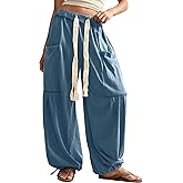 Springrain Women's Baggy Wide Leg Pants Casual Drawstring Harem Pants Bohemian Trousers with Big Pockets