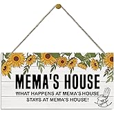 Rustic Mema's House Decor Sign, Sunflower Sign, Hanging Decorative Wood Plaque, Printed Wood Art Wall Decor, What Happens at Mema's House, Stays at Mema's House Sign, Gift for Grandma 12x6in