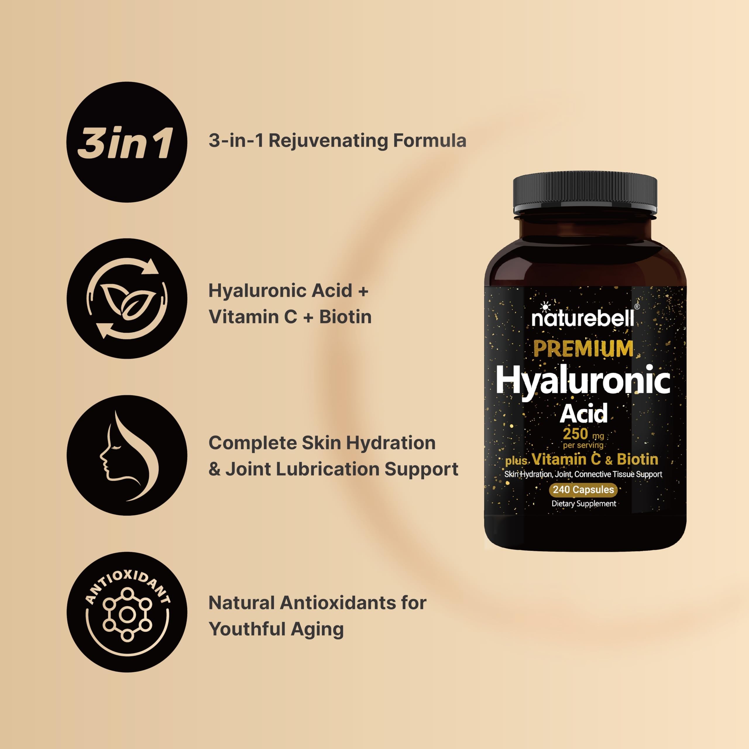 NatureBell Hyaluronic Acid Supplements 250mg | 240 Capsules, with Biotin 5000mcg & Vitamin C 25mg, 3 in 1 Support
