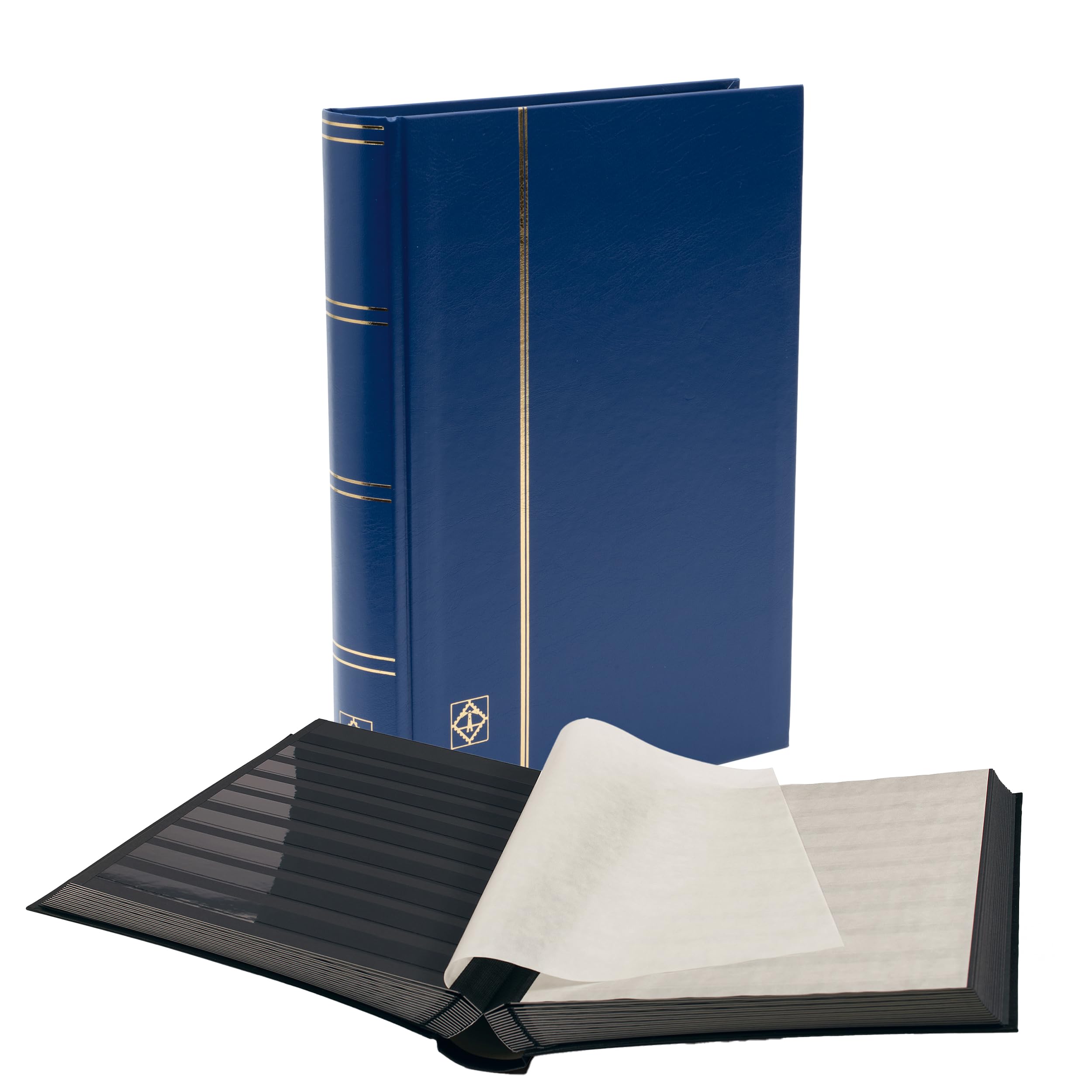 LEUCHTTURM – Clasificador de Tapa Dura “BASIC” para Sellos - 64 Páginas A4 de Cartulina Negra con Tiras Transparentes y Bisagras Dobles de Lino - Azul