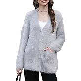 Wyeysyt Women's Fuzzy Cardigan Sweater V Neck Long Sleeve Button Down Knit Furry Sweaters with Pockets