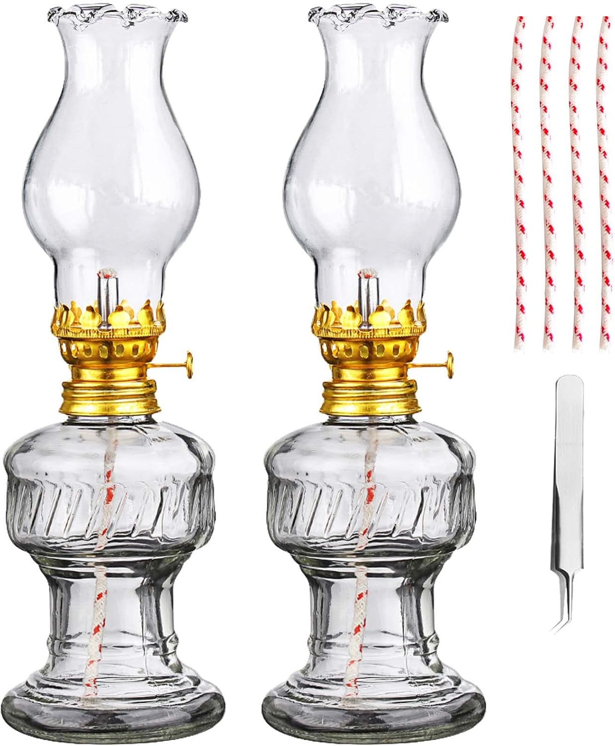 Oil Lamps & Accessories - Rustic Oil Lamp for Indoor Use,8'' Kerosene Lamp with 4 Pcs Wicks and Tweezers,Vintage Glass Kerosene Hurricane Lamp for Home Emergency Lighting (Clear)