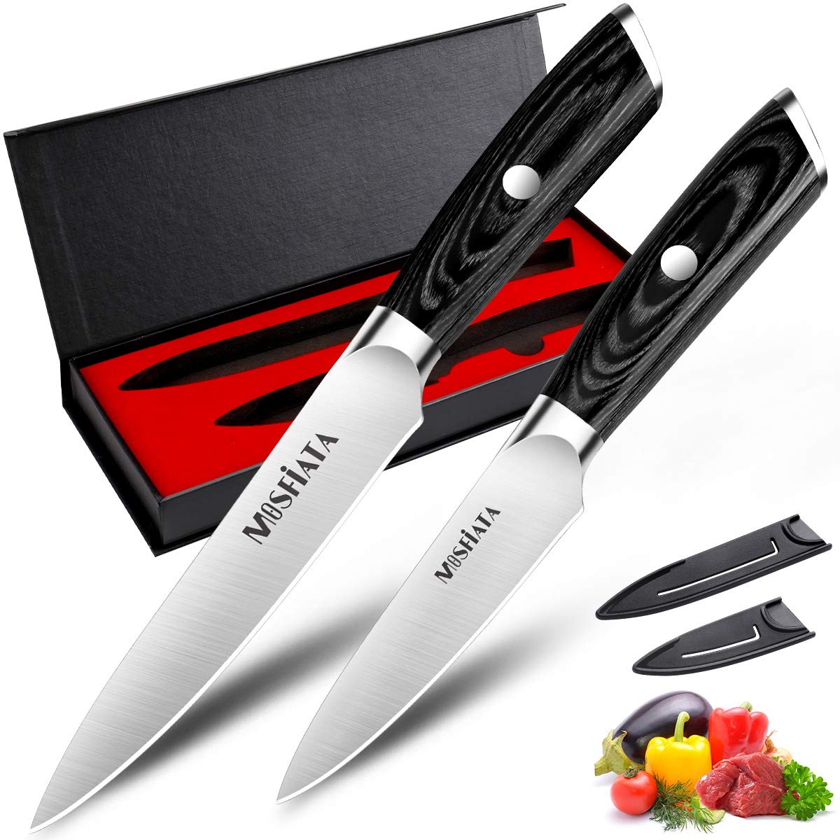 MOSFiATA 2pcs Kitchen Knife Sets, 5” Sharp Chef Knife Small Chopping Cooking Knife 3.5” Fruit Paring Knife, High Carbon German EN1.4116 Stainless Steel Professional Knives with Knife Cover Gift Box