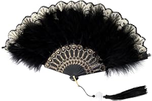 Fumwase Foldable Feather Fan Embroidered Flower Handheld Chinese Folding Fans 1920s Feather Fan Flapper Hand Fan for Costume Party Wedding Dancing Decoration (Black)